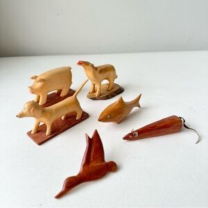 Carved Wooden Animal Figurines and 1 pin